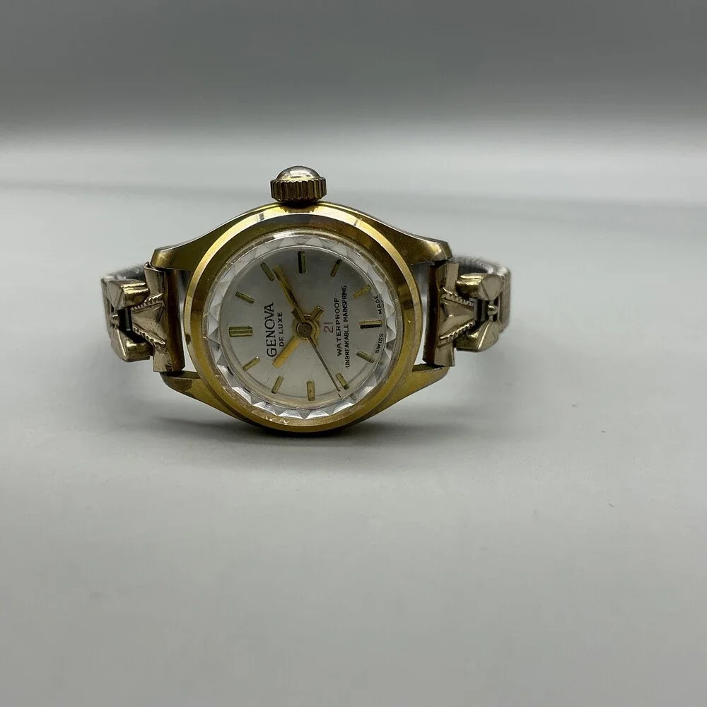 Vintage Genova De Luxe Womens Watch 22mm Gold Tone Stretch Swiss Manual Wind